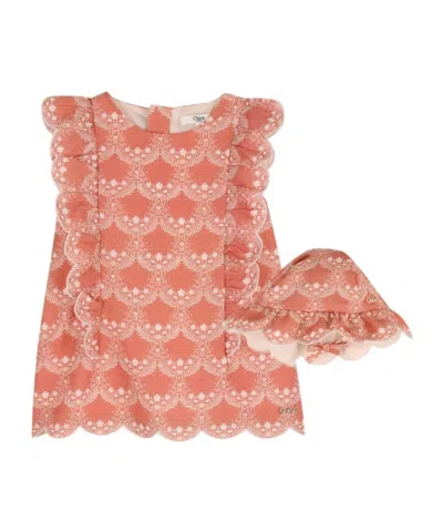 Chloé Kids Ruffled Floral Printed Dress Set In Orange