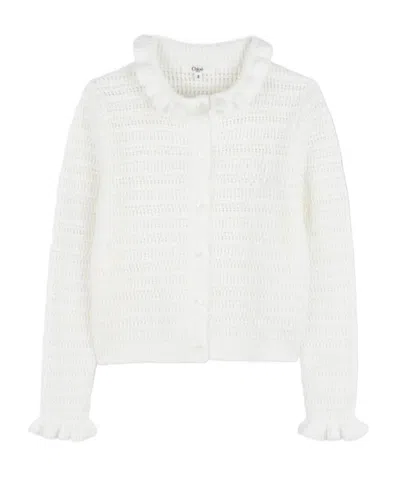 Chloé Kids Ruffled-trim Knitted Cardigan In White