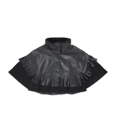 Chloé Kids Suede-leather Fringed Cape In Black