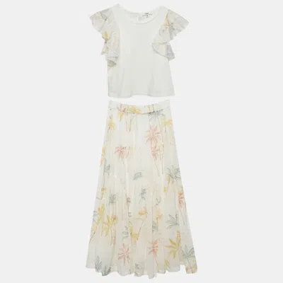 Pre-owned Chloé Kids White Palm Tree Print Cotton Ruffle Top & Skirt Set 10yrs