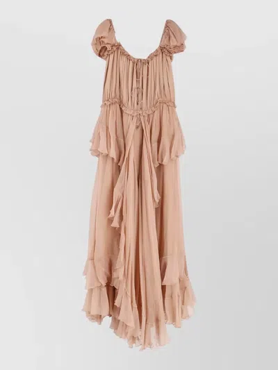 Chloé Knee Length Dress Cap Sleeves Neckline In Brown