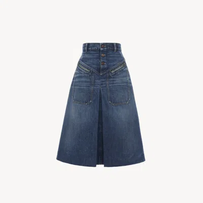 Chloé Knee-length Skirt In Denim Blue Size 6 100% Cotton, Calf-skin Leather