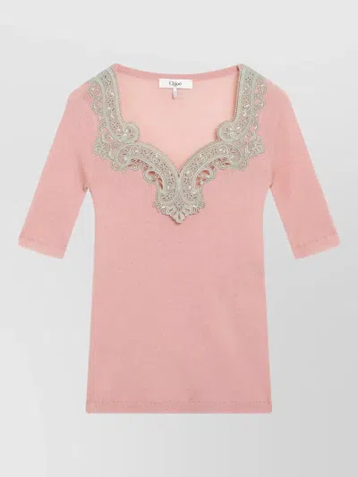 Chloé Knit Top 34 Sleeves Embroidered Neckline Ribbed In Pink