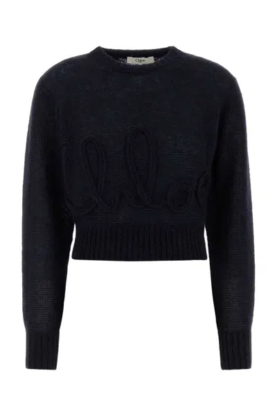 Chloé Alpaca Wool And Silk Knit Sweater With Logo In Blue