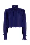 Chloé Ruffle Collar Organic Silk Georgette Crop Blouse In Blue