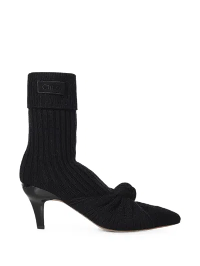 Chloé Knot-detail Ribbed-knit Ankle Boots In Black
