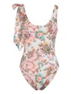 Chloé One-shoulder Floral Print Swimsuit With Bow Detail In Gray