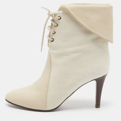 Pre-owned Chloé Kole Size 38 Cream Canvas And Leather Ankle Length Boots In White
