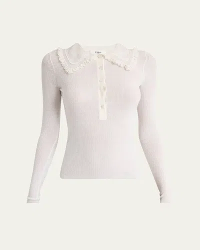 Chloé Lace-collar Superfine Wool Rib Knit Top In White