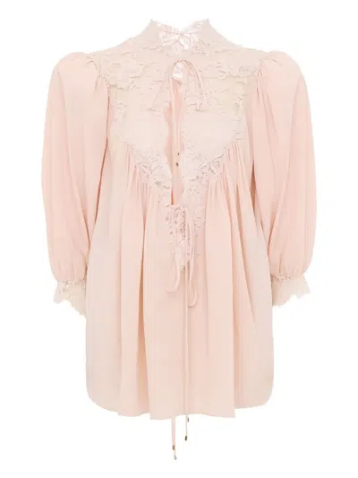 Chloé Lace-trim Puff-sleeve Organic Silk Crepe De Chine Top In Pink