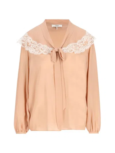 Chloé Lace Detail Silk Blouse In Neutral