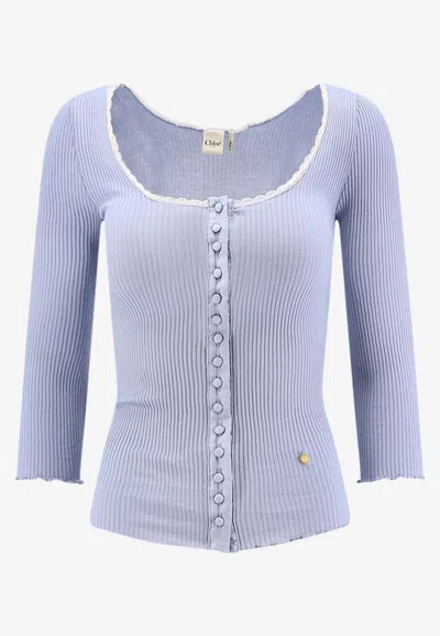 CHLOÉ LACE-INSERT RIBBED KNIT TOP