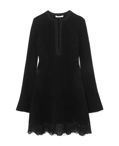 CHLOÉ LACE-PANEL KNITTED MINI DRESS