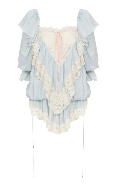 Chloé Lace-paneled Organic Silk Habotai Playsuit In Light Blue