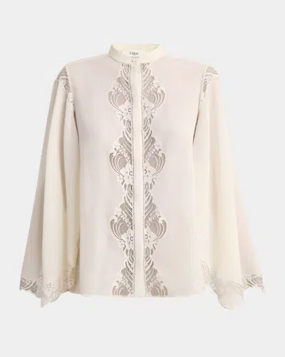 Chloé Lace Placket Tulip-sleeve Silk Blouse