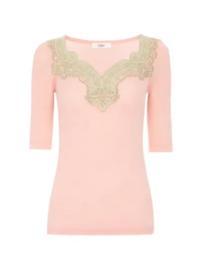 Chloé Fitted Elbow-sleeve Ribbed Wool Sweater With Lace Trim In Pink