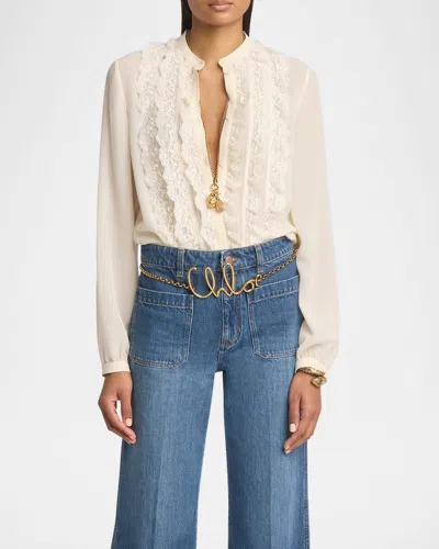 Chloé Lace-ruffle Bib Silk Button-down Top In Nude & Neutrals
