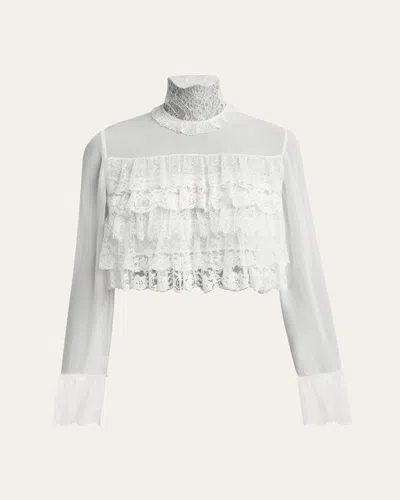 CHLOÉ LACE RUFFLE LONG-SLEEVE SILK CROP TOP