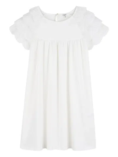 Chloé Kids Lace Ruffled Gathered Dress In White