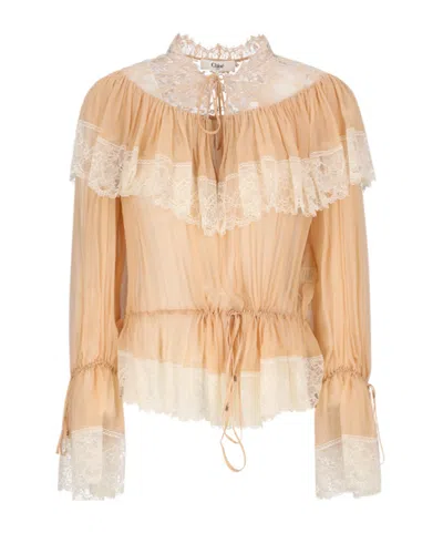 Chloé Lace Ruffled Top In Neutral
