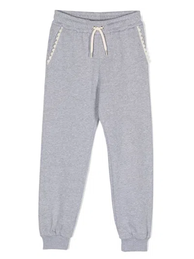 Chloé Kids' Lace-trim Cotton Track Pants In Grey
