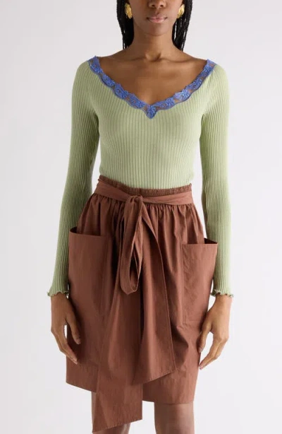 Chloé Lace Trim Rib Cotton & Silk Sweater In Green