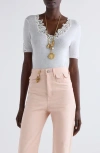Chloé Floral Guipure Lace V-neck Fitted Top In Iconic Milk