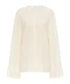 Chloé Button Down Crepe De Chine Top With Lace Sleeves In White