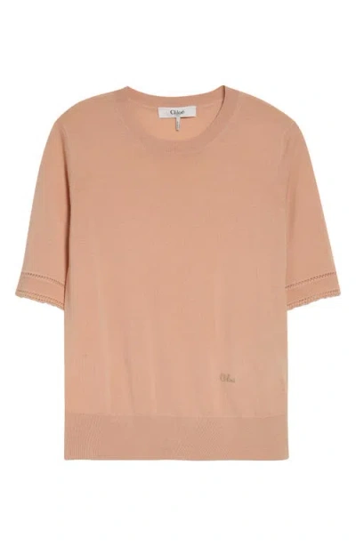 Chloé Lace Trim Short Sleeve Wool Sweater In Neutral
