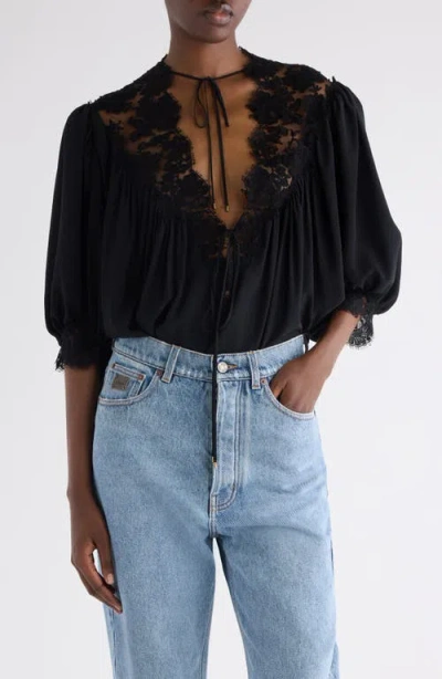 Chloé Lace Trim Silk Top In Black