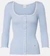 Chloé Lace-trimmed Ribbed-knit Cotton Cardigan In Blue