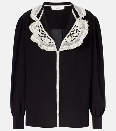 Chloé Lace-trimmed Silk Crêpe De Chine Blouse In Black