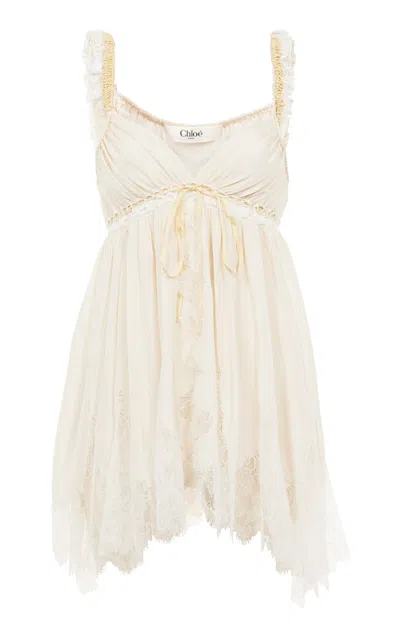 Chloé Lace-trimmed Silk Plonge Tank Top In White