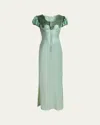 Chloé Lace-trimmed Silk Satin Puff-sleeve Dress In Green