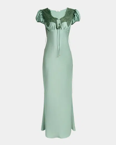 CHLOÉ LACE-TRIMMED SILK SATIN PUFF-SLEEVE DRESS