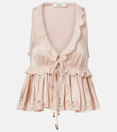 Chloé Lace-trimmed Silk Satin Top In Pink