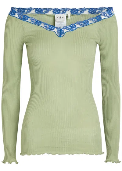 Chloé Chloe Lace Trims Ribbed-knit Cotton And Silk-blend Top In Green