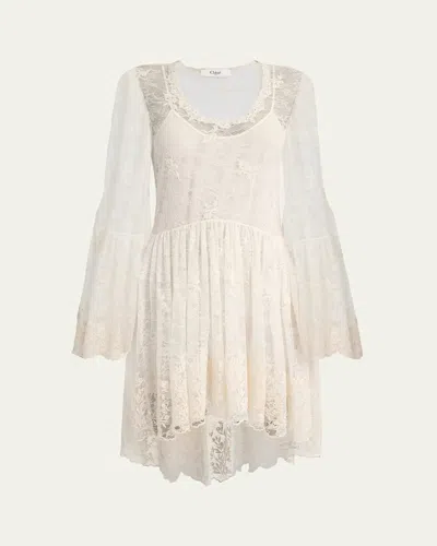 Chloé Lace U-neck Long-sleeve Mini Dress In White
