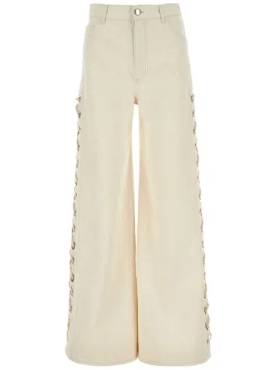 Chloé Lace-up Wide-leg Jeans In Beige