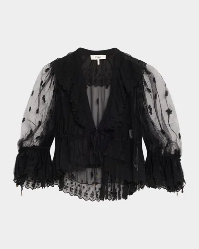 CHLOÉ LACE V-NECK RUFFLE TOP