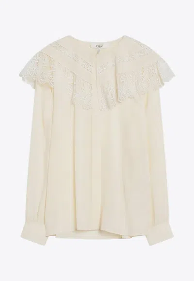 Chloé Lace Yoke Crepe Blouse In White