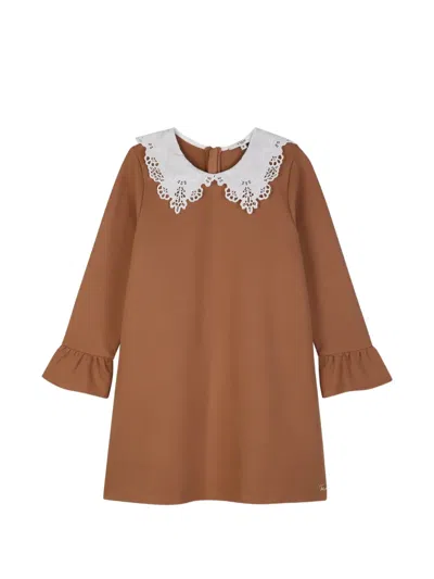 Chloé Kids' Lace-collar Ruffled-cuff Dress In Brown