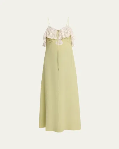 CHLOÉ LACE-RUFFLE SILK CREPE DE CHINE MAXI SLIP DRESS