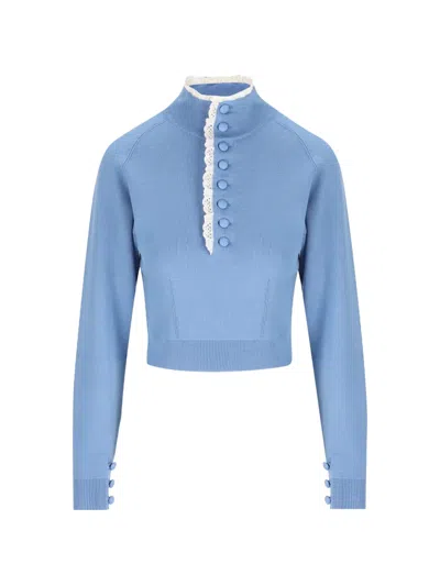 Chloé Wool Sweater Button Detail Cropped High Neck In Blue