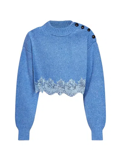 Chloé Breezy Blue Merino Wool Knit Cropped Sweater With Lace Insert