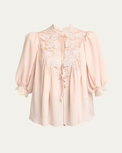 Chloé Lace-trim Puff-sleeve Organic Silk Crepe De Chine Top In Pink