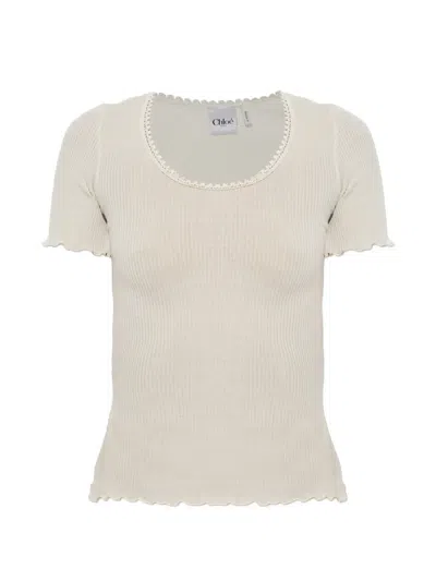 Chloé Lace-trim Ribbed Top In Neutral
