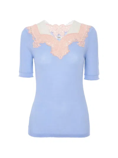Chloé Lace-trim Ribbed-knit Wool Sweater In Blue