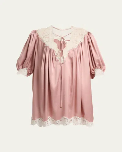Chloé Lace-trim Short-sleeve Satin Mini Dress In Pink