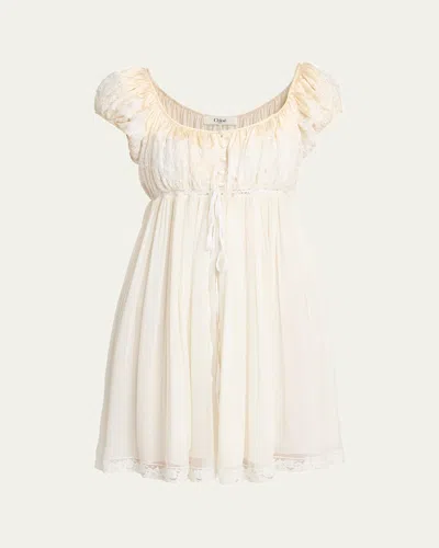 Chloé Lace-trim Short-sleeve Silk Mousseline Mini Babydoll Dress In White